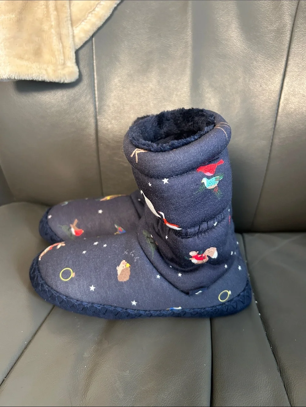 Joules Navy Kids Animal Print Cozy Boot Slippers